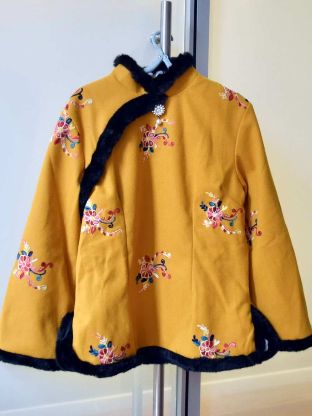 Yellow Flora Brushed Faux Fur Trim Qipao Winter Blouse - Chinese Top